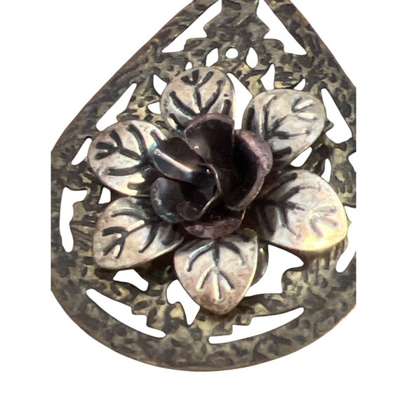 Vtg Boho Teardrop Earrings Filigree Flower Antique Gold Tone Metal Rose 2.25" - Picture 3 of 5